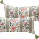 ISAENNE Design Lumbar Retro Elegance Linen Throw Pillow Covers 12"x28" Pack of 2, Green Pink Floral Pattern Cushion Covers Rectangle Decor Pillowcases for Bed,Living Room,Outdoor,Car