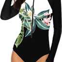 SELINK Women's Long Sleeve Rash Guard UV Protection Zipper Printed Surfing One Piece Swimsuit Bathing Suit (Medium, A Black-3)