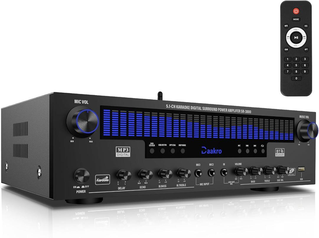 Stereo Receivers Home Audio Amplifier w/DSP Display,300W Rated Power 5.1 Channel Bluetooth Receiver, Home Amp w/BT/CD/DVD/AUX/USB/BT/FM/Opt/COA/MIC for Home/Studio/Theater Passive Speakers