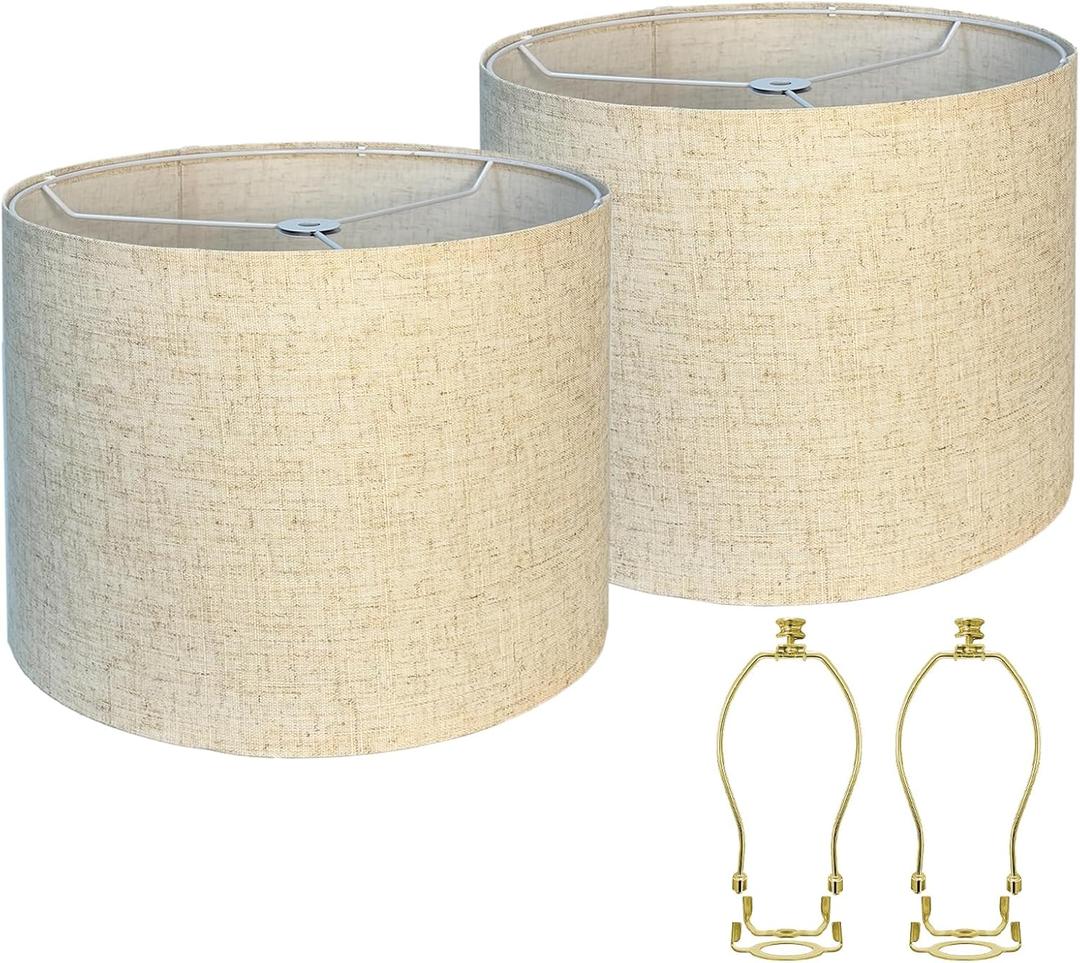 Lampshades Set of 2, Lamp Shades for Table Lamps Floor Lamps Rustic Brown Drum Lampshade- 11.6" Top x 12.6" Bottom x 9.5"High Natural Burlap (11.6X12.6X9.5 with Holders)
