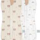 Baby Swaddle 0-2 Months, Cotton Arm-In Zipper Sleep Sack, Wearable Blankets Wrap for Newborn Infant Girls, Boys (Bear, Star Moon, Pack of 2)