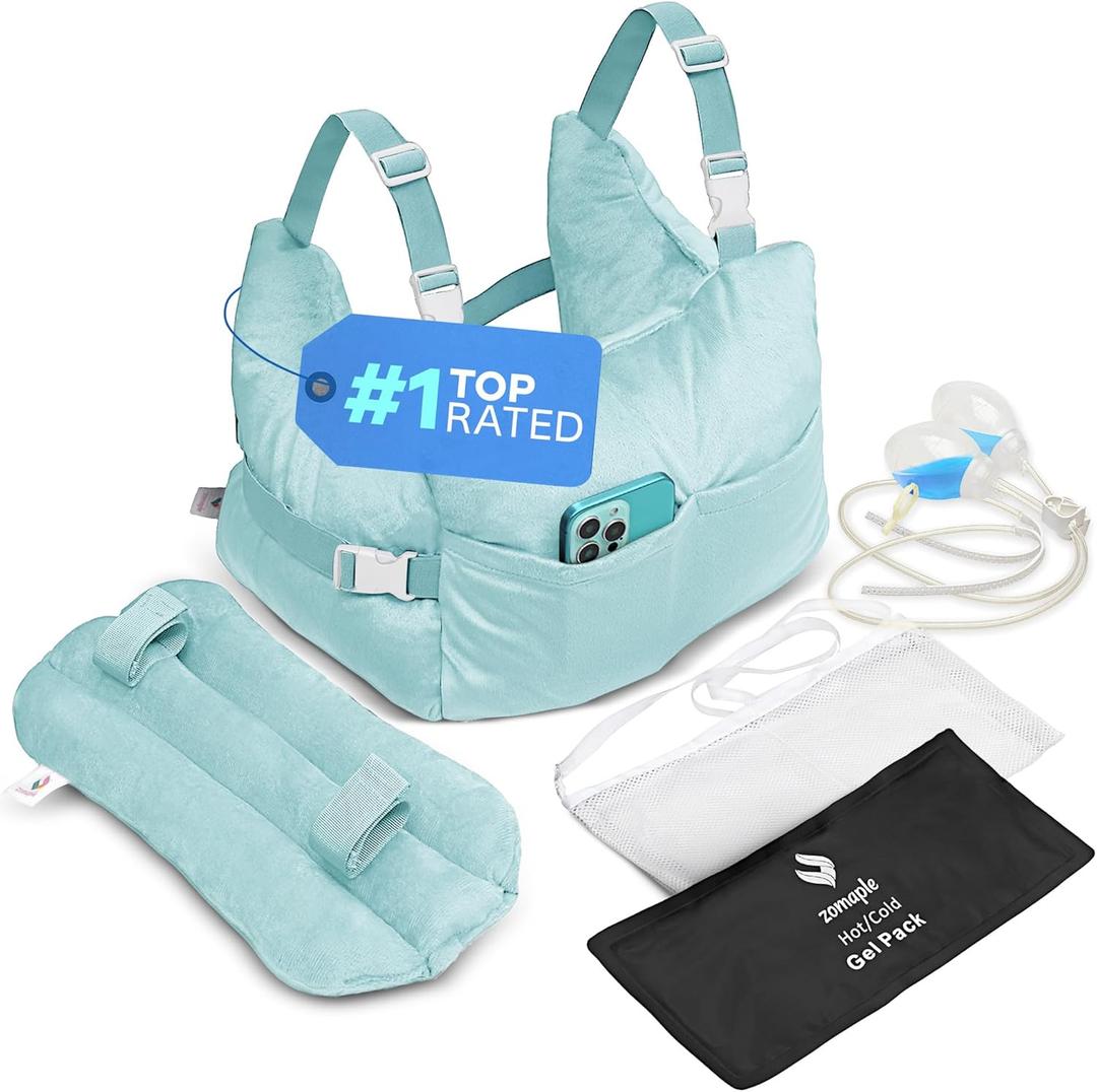 Zomaple Mastectomy Recovery Pillow with Strap, Gel Pack, Seat Belt Cover & Shower Lanyard  Post-Op Essentials, Breast Augmentation/Reduction & Recovery Supplies  Washable Cover for Comfort & Support (Aqua)