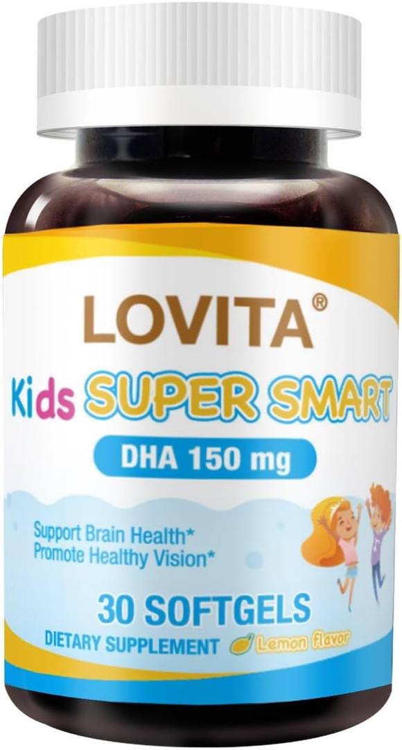LOVITA Kid’s Super Smart, Omega-3 for Children, 180 mg Total DHA & EPA, Lemon Flavor Fish Oil, Support Brain & Vision Health, 30 Softgels