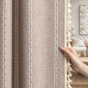 Taupe Boho Blackout Curtains 2 Panels 84 Inch for Living Room Bedroom, Blush Beige Warm Linen Texture Farmhouse Curtains with Tassels and White Cotton Embroidery Vintage Rustic Country Western