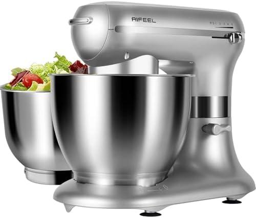 Aifeel Stand Mixer, Mixers Kitchen Electric Stand Mixer with 7.5QT+5.5QT Two Stainless Steel Bowls, Tilt-Head Electric Kitchen Mixer with Dough Hook,Egg Whisk,Flat Beater,Splash Guard (Silver)
