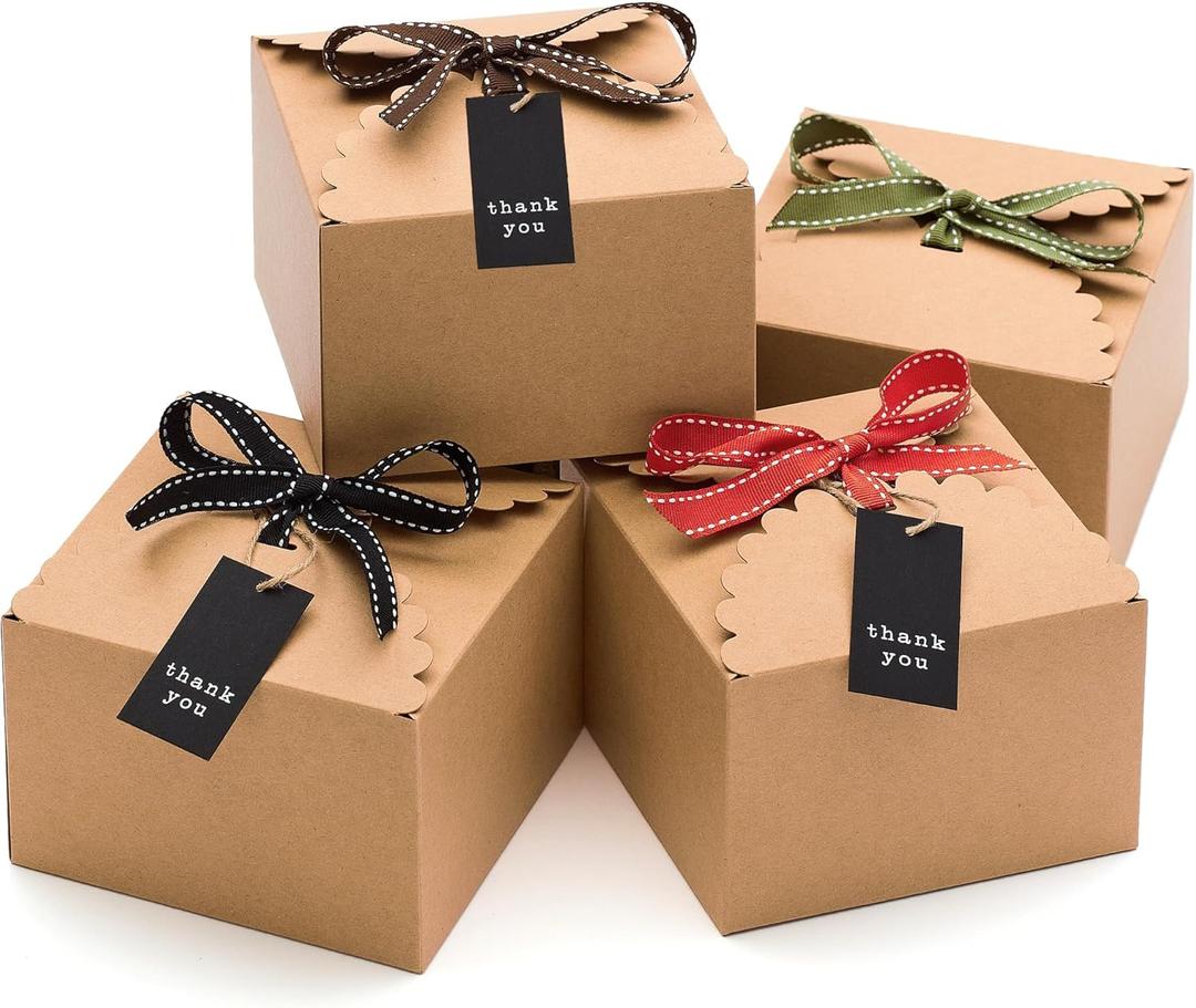 Brown Kraft Cookie Boxes with Ribbons & Tags (20 Pack) 5.8 x 3.7 Small Craft Gift Boxes for Baked Goods, Candy, Treats, Chocolate, Fudge, Christmas, Decorative Food Packaging, Empty, Bulk, Square