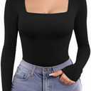MANGOPOP Women's Square Neck Top Double Lined Short Sleeve Long Sleeve T Shirt Fitted Seamless Tee (Black, S)