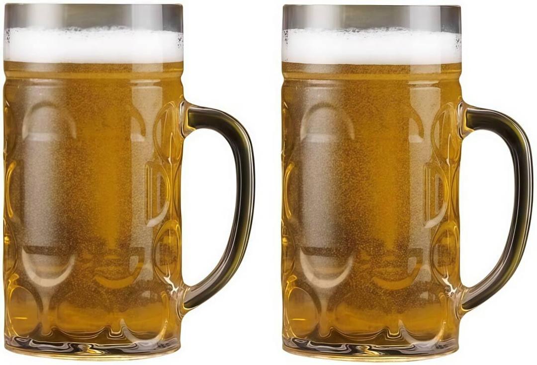38oz Large Plastic Beer Mugs with Handles Set of 2, Clear Resuable Beer Stein Drinking Cups, Ideal for Party Bar Home Hotel