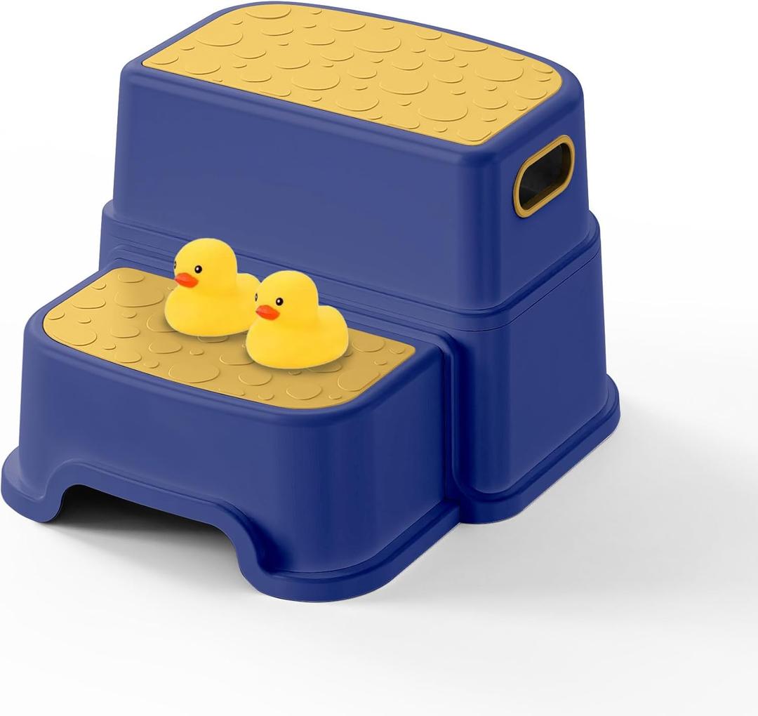 Toddler Step Stool for Kids - Non-Slip 2 Step Stool for Potty Training & Bathroom Sink, Dual Height 9.5", Sturdy Safety Nursery Stool for Kitchen & Toilet (Includes 2 Ducks) (Blue)