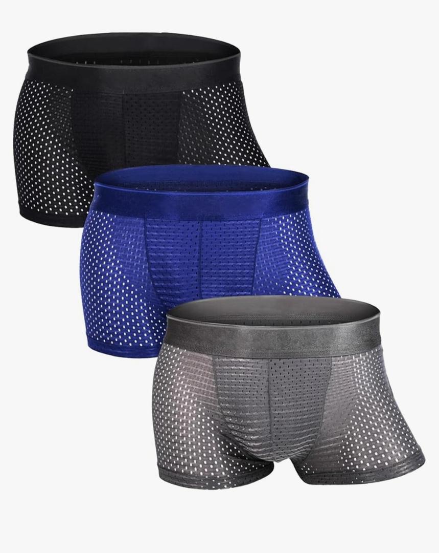 Mens Sexy Underwear ice silk Mesh Breathable Anti-Chafing Long Leg Boxer Briefs Cool Hollow Trunks, M