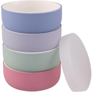 Elk and Friends Kids Porcelain Bowls with Silicone Sleeve + Silicone Lid | Kids/Toddler/Baby Feeding | Microwave & Dishwasher Safe | Non slip | Cereal/Soup/Snack Dishes & Dinnerware (Blush/Misty Blue/Sage/Lilac)