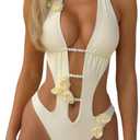 WDIRARA Women's 3D Floral Cut Out One Piece Swimsuit Deep V Neck Tie Halter Backless Swimwear, Small (Beige)