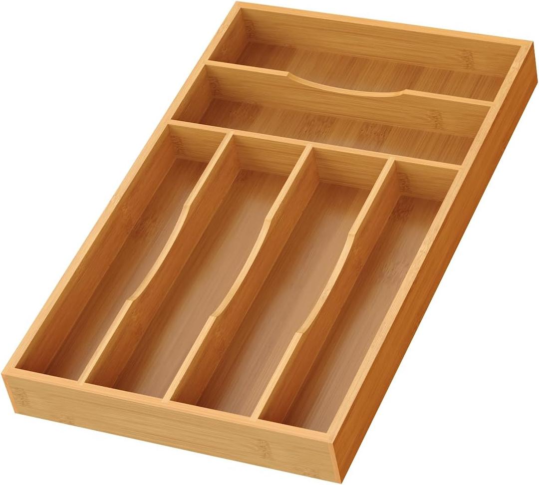 Bamboo Silverware Organizer, Bamboo Kitchen Drawer Cutlery Organizer, Utensil Holder, Flatware Organizer Tray (15.8"x9.5"x1.6") (Medium)