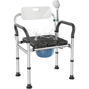 Heavy Duty Bedside Commode Chair with Adjustable Height, Raised Toilet Seat with Arms Handles and Back Support for Elderly, Portable Bedside Toilet with BucketWidth 19.69")