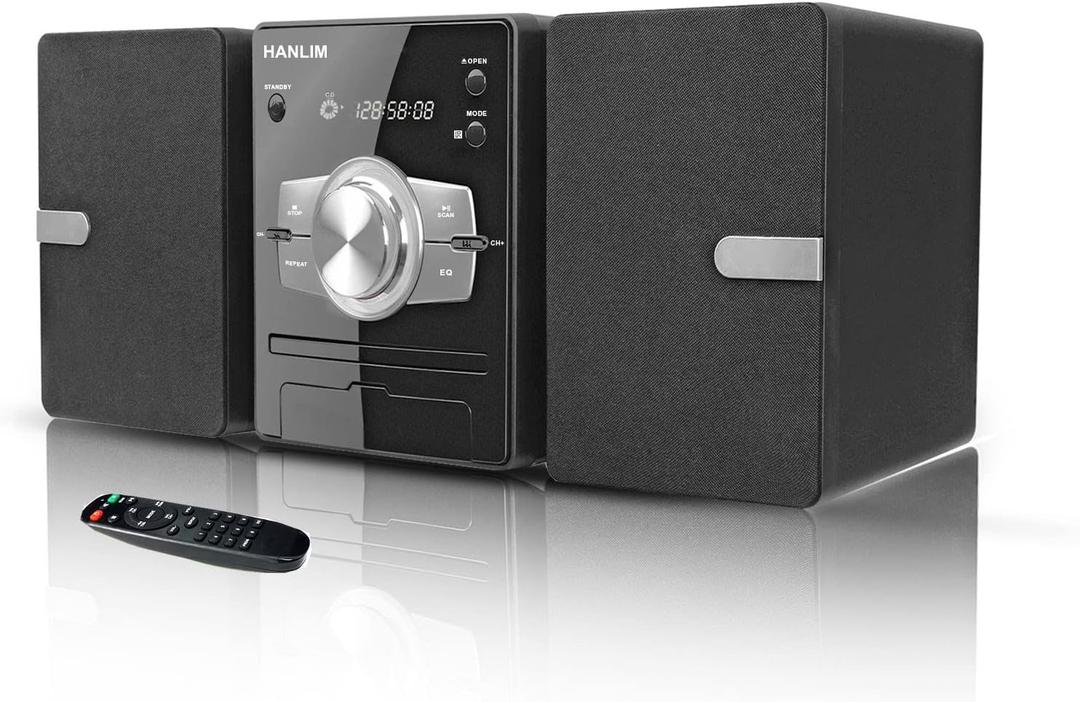 Home Stereo System with CD Player, FM Radio, Bluetooth, AUX in, USB in, Earphone Jack, Remote Control Included, 30W HiFi Shelf Stereo System (Black+Silver)