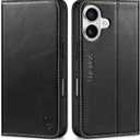SHIELDON Genuine Leather Case Wallet for iPhone 17 6.3-inch 5G 2025 | Folio, Magnetic Closure, RFID Blocking 3 Card Slots, Kickstand, Book Design, Full Protective Cover - Retro Black