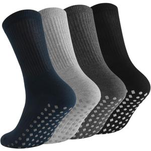 Non Slip Grip Socks for Men Women Crew Grippy Socks for Hospital Pilates Yoga,Gifts for Seniors Elderly (Large, 4 Pairs Grip Socksblack+Grey+Dark Gray+Navy Blue)