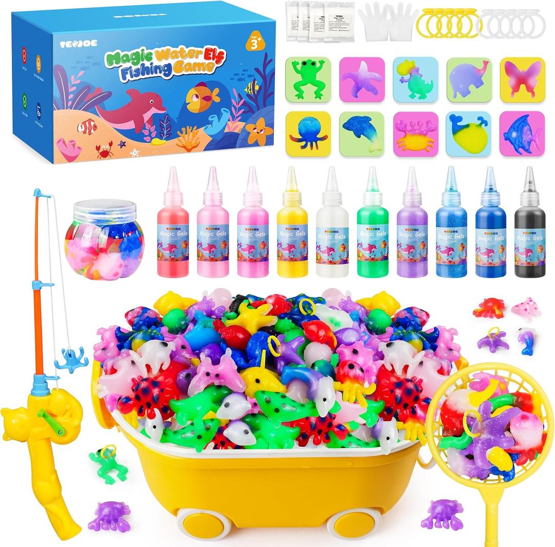 TECJOE Magic Water Elf Toy Kit, DIY Aqua Fairy Water Gel Kit with 10 Molds & 10 Colors, Fishing Game, Includes Storage Case & Display Bottle, Creative Arts & STEM Sensory Toy for Kids