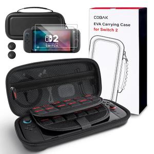 CoBak Large Capacity Carrying Case for Nintendo Switch 2 (2025) - 3 in 1 Accessories Bundle with 2 Screen Protectors, Thumb Grip Caps, 24 Game Cartridges, Hard Shell Portable Travel Pouch, Black