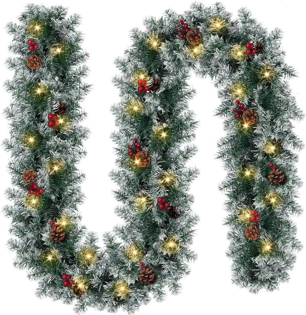 Christmas Garland with Lights - 9FT Pre-Lit Flocked Garland with 50 LED Bulbs, Red Berries, Pine Cones, Artificial Pine Battery Operated Garland for Fireplace, Staircase, Indoor & Outdoor Decoration