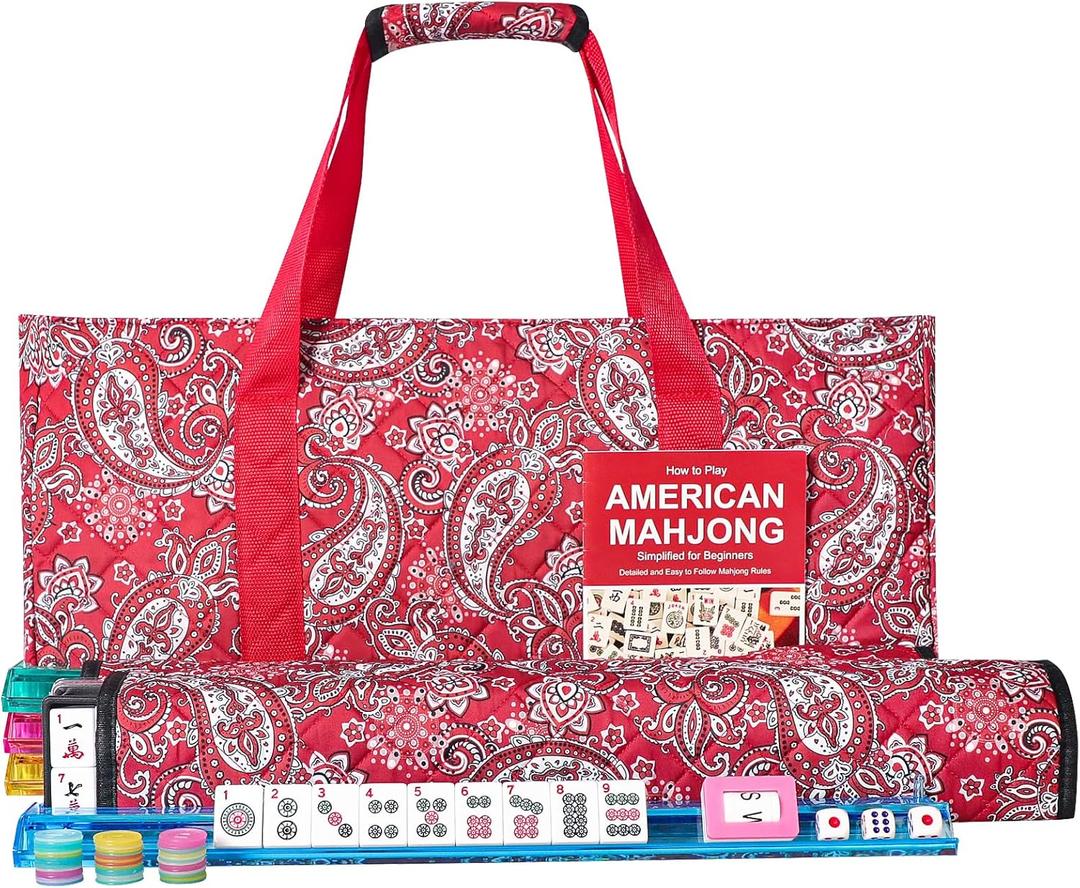 American Mahjong Game Set, 166 White Tiles, 4 All-in-One Color Rack/Pushers, Complete Mahjong Tile Set Red Printed Carrying Bag