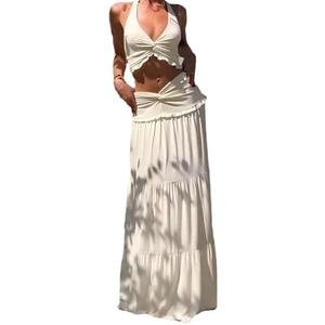 Wuitrie Maxi Skirt Set Women 2 Piece Outfits Sleeveless Strap Top Maxi Skirt Solid Going Out Vacation Two Piece Skirt Set,L