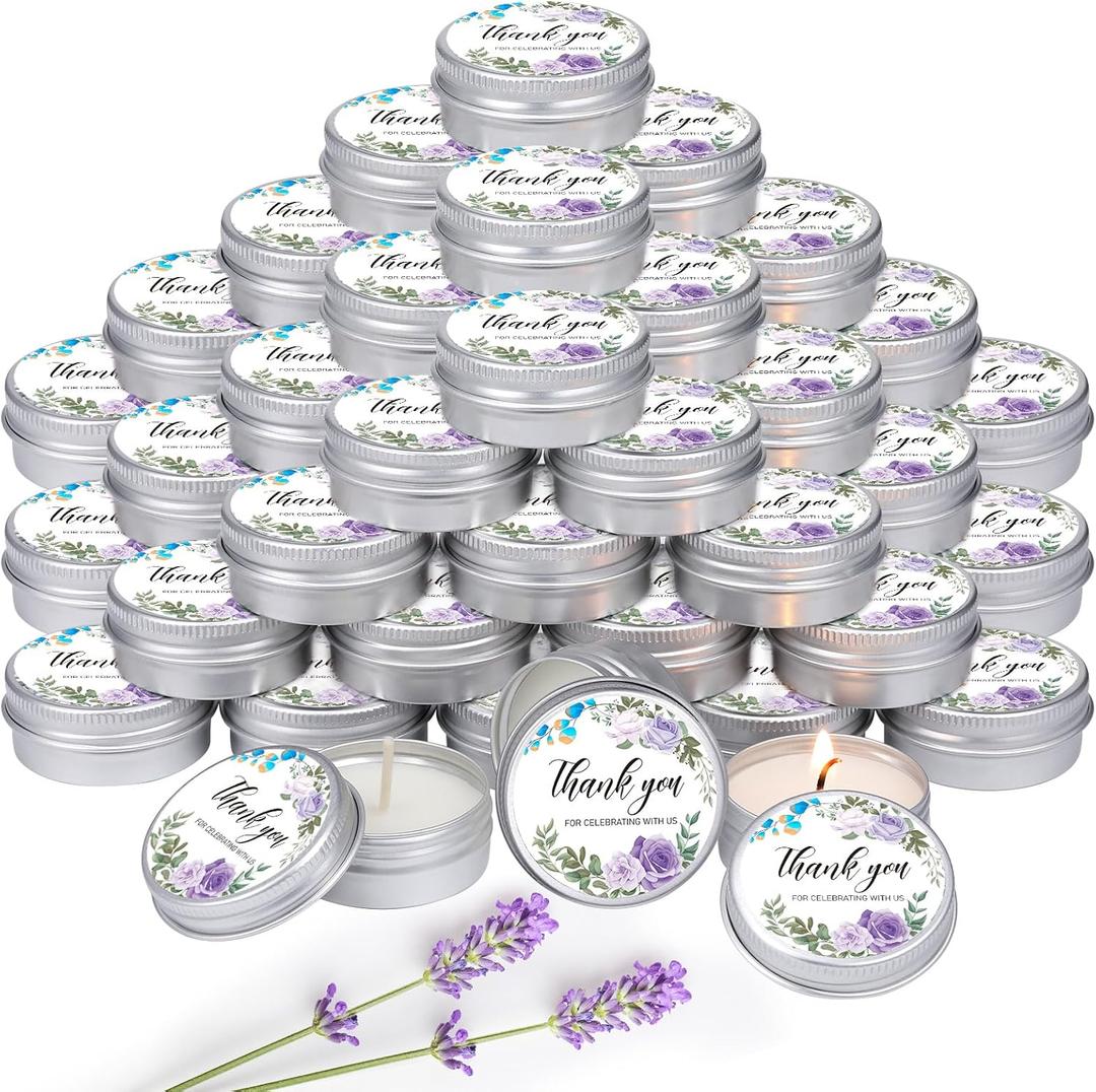 MTLEE 50 Pcs Purple Floral Wedding Candles Gift Favors for Guests 1 Oz Lavender Scented Soy Wax Aromatherapy Candle Favors for Bridal Shower Rustic Wedding Party Guests(Purple Flowers)