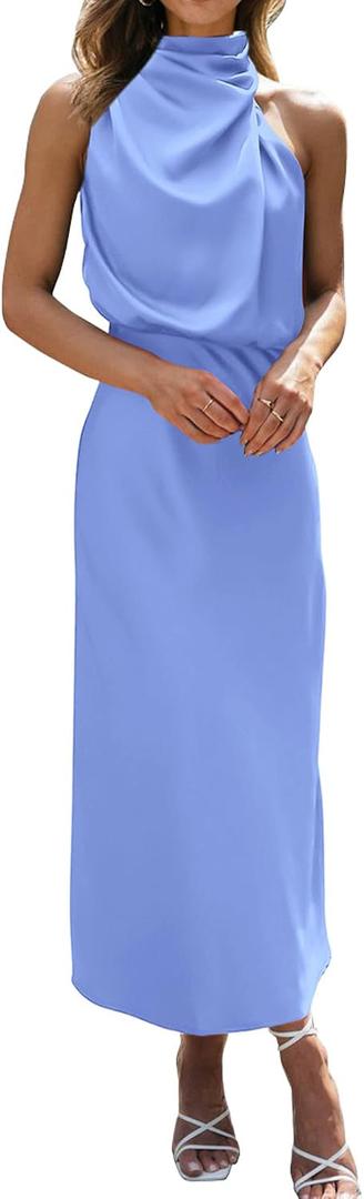 BTFBM Cocktail Dresses for Women Summer Satin Silk Sleeveless Mock Neck Maxi Wedding Guest Dress Spring Outfits 2026 (Blue, XL)
