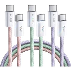 LISEN USB C Cable, 3-Pack [10/10/10FT] USBC to USBC Cable for iPhone 16e 15 Pro Max Charger Cord, 60W (3.1A) C to C Cable Fast Charging for Samsung S25/S24/23, Switch 2, iPad, MacBook