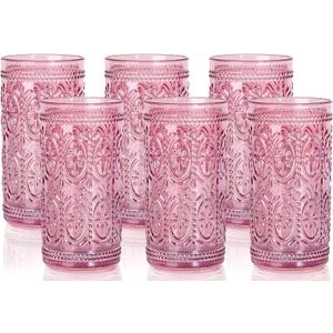 Darlion 6 Pack Pink Glassware Drinking, 12oz Highball Embossed Beverage Glass Cup, Vintage Drinking Glasses, Colored Water Glasses for Party Wedding Home Office and Gift