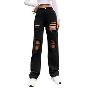 Genleck Women Loose Ripped Boyfriends Jeans High Waist Baggy Denim Pants Distressed Wide Leg Y2K Mom Jeans Black 90s, L