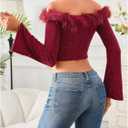 MakeMeChic Women's Faux Fur Crop Tops Bell Sleeve Off Shoulder Glitter Party Tee Shirts (M)
