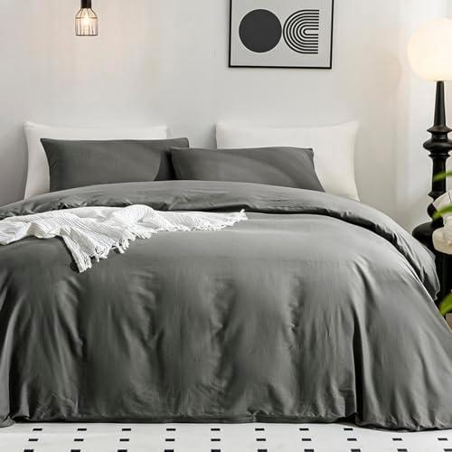 JELLYMONI Gray Duvet Cover Full Size - 100% Washed Cotton Linen Like Textured Comforter Cover, 3 Pieces Breathable Soft Bedding Set with Zipper Closure (Dark Gray, Full 80"x90")