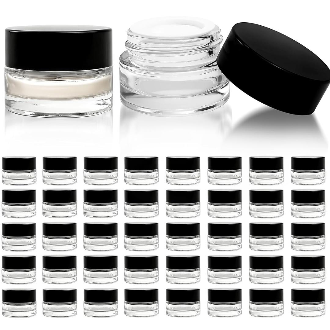 90 Pack 5ml Small Clear Jars, Empty Glass Cosmetic Containers Bulk with Liner Airtight Cream Bottle for Beauty Product Samples, Travel, Lotions, Essences (Clear & Black)