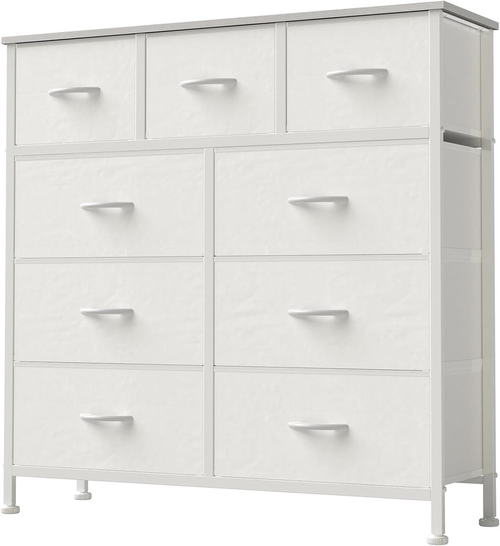 DUMOS Dresser for Bedroom, Storage Organizer with 9 Drawers, Chest of Drawers with Fabric Bins, Sturdy Metal Frame, Wood Tabletop for Guest Room, Closet, Entryway, White