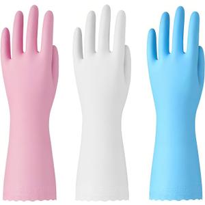 Bamllum Rubber Cleaning Gloves - 3 Pairs Latex Free Kitchen Cleaning Gloves with Cotton Liner- Household Dishwashing Gloves, Non- Slip Waterproof (Medium, Blue+Pink+White)