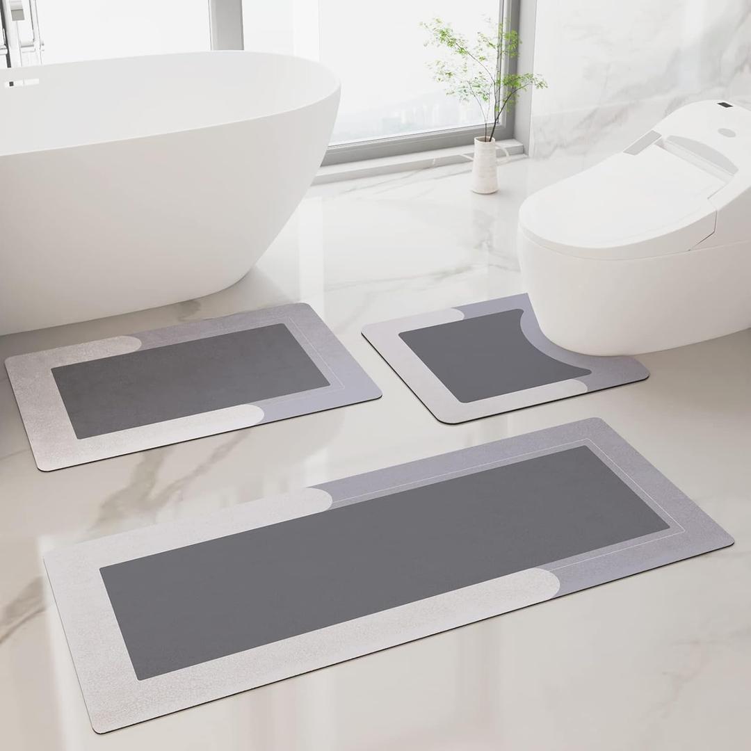 HelloTree 3PCS Bath Mat Rug Rubber Non Slip Quick Dry Rug Sets Super Absorbent Thin Bathroom Rugs Fit Under Door Grey Washable Bathroom Floor Mats for in Front of Bathtub, Shower Room, Sink