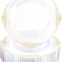 Morejoy 100 Pieces Gold Plastic Plates - Clear Gold Disposable Plates - 10.25inch Clear Plastic Dinner Plates With Gold Rim for Weddings & Parties & Shower