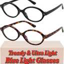 2 Pack Oval Blue Light Glasses for Women, Lightweight TR90 Small Frame with Spring Hinge for All-Day Comfort, Anti UV Glare & Eyestrain (2 Pcs-tortoise + Black)