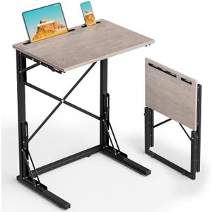 21''Wx28''H Folding TV Tray, Small Foldable C-Shaped End Table for Eating with Tablet and Phone Slots, Slide Under Couch Side Table for Recliner, Living Room, Bedroom, Deep Grey (Greige)