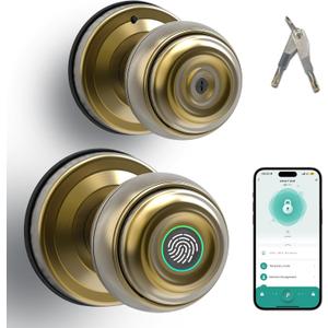 UMIKSMART Fingerprint Door Knob Lock, Smart Keyless Entry Door Knob with Tuya App Control & Auto-Lock, Backup Key, Easy Install for Home, Apartment, Office, Bronze