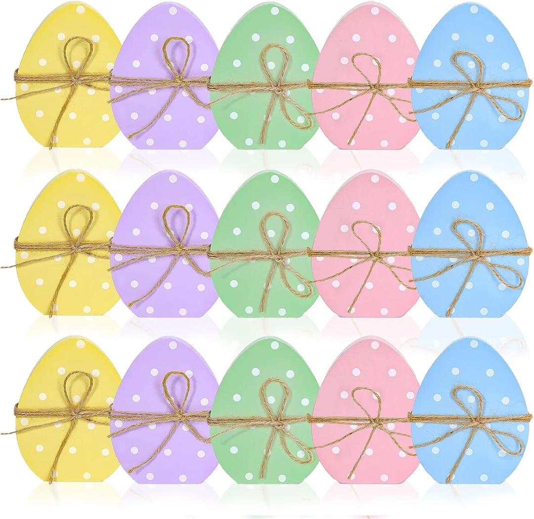 15pcs Easter Wooden Eggs Decorations, Wooden Eggs Table Decor Polka Dots Egg Signs with Rope for Home Decor, Party, Spring, Holiday Table Centerpieces for Tiered Tray