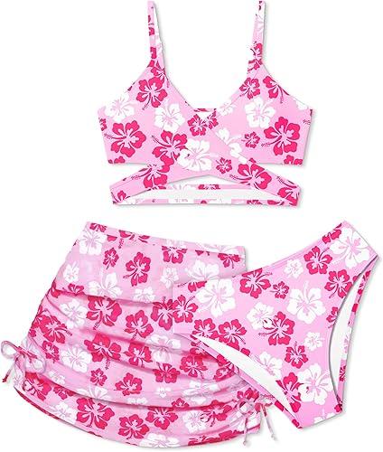 Girls Swimsuits 3 Piece Bathing Suit Allover Printed Criss Cross Bikini Set with Cover Up Skirt Beach Swimwear 13-14years