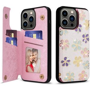 UEEBAI Wallet Case for iPhone 13 Pro with Card Holders, PU Leather Floral Cover Kickstand RFID Blocking Double Magnetic Clasp Rilievo Flower Flip Case for Women Girls - White Daisy