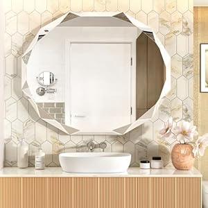 MUAUSU Beveled Edge Frameless Mirrors for Bathroom Sink 36'' X 30'' Oval Vanity Mirror Wall Mounted Scalloped Bathroom Mirror Horizontal/Vertical, Rectangle, MU2913-3