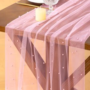 Socomi Pearl Table Runner Tulle Pink Summer Cheesecloth 10FT Gauze Cheese Cloth Sheer Chiffon Dining Wedding Birthday Party Baby Shower Bridal Anniversary Holiday Centerpiece Table Decor