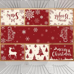 7Pcs Christmas Table Runners Placemats,Red & White Snowflake Merry Christmas Table Runner Reindeer Snowflake Xmas Tree Let It Snow Table Mat Set for Christmas Winter Holiday New Year Table Decoration