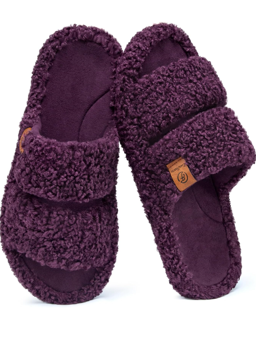 EverFoams Womens Fuzzy Open-toe Slippers Soft Comfy Memory Foam Indoor House Shoes, Size 9-10