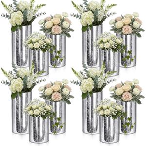 12 Pcs Silver Cylinder Vases for Centerpieces Mercury Vase Hurricane Vase Bulk Acrylic Round Wide Container for Flowers Home Office Wedding Table Decorations (4''/6''/8'')