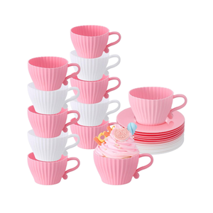 Vesici 24 Pcs Silicone Teacup Cupcake Molds Muffin Cups for Baking, Teacup Cupcake Liners, Reusable Baking Muffin Liners for Bridal Baby Shower Birthday Tea Party, 12 Cups 12 Saucers, White and Pink